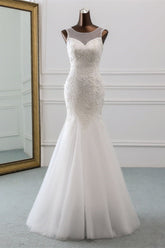 Popular Jewel Sleeveless White Mermaid Wedding Dresses with Appliques-27dress